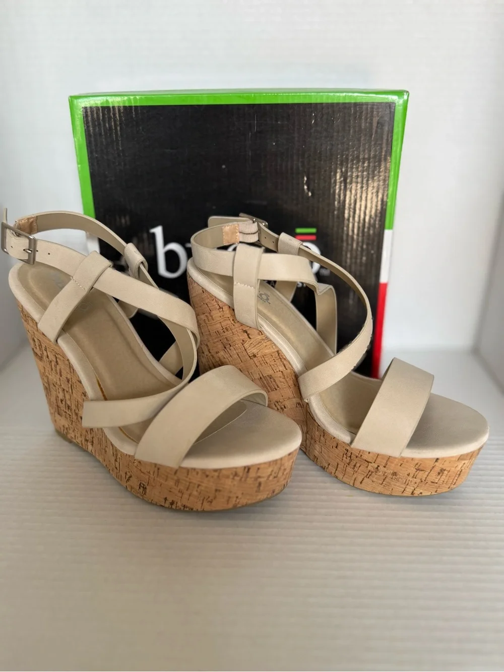 bucco Beige Strappy Cork Wedge Sandals